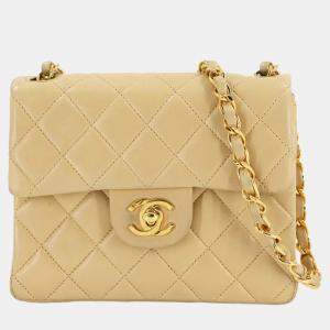 Pre Owned Chanel Mini Matelasse Chain Shoulder Bag Beige Lambskin Coco Mark