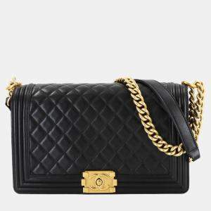 Pre Owned Chanel Boy Chanel Large Chain Shoulder Bag In Black Lambskin
