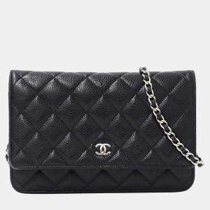 Pre Owned Chanel Matelasse Wallet With Chain Caviar Skin Black Chain Bag