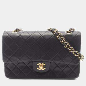 Pre Owned Chanel Matelasse Double Flap Shoulder Bag In Lambskin Leather Black
