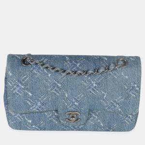 Pre Owned Chanel Blue Bleached Chain Printed Denim Medium Classic Double Flap Bag