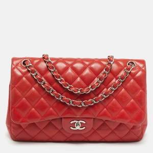 Pre Owned Chanel Classic Double Flap Jumbo Red Quilted Leather Bag