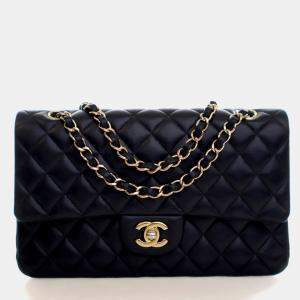 Pre Owned Chanel Medium Black Lambskin Classic Double Flap Bag
