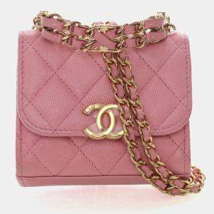 Pre Owned Chanel Mini Pink Caviar Top Handle Clutch With Chain