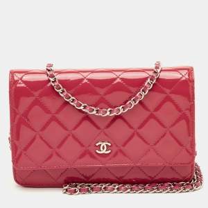 Pre Owned Chanel WOC Pink Quilted Patent Leather Wallet On Chain
