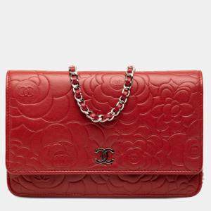 Pre Owned حقيبة كتف شانيل كامليا جلد خروف أحمر مطبوع CC