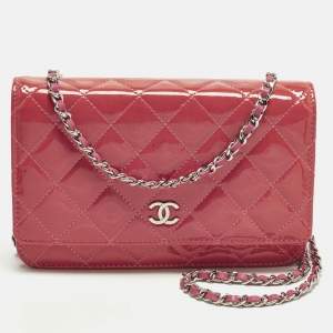 Pre Owned Chanel Classic Pink Quilted Patent and Leather Wallet On Chain