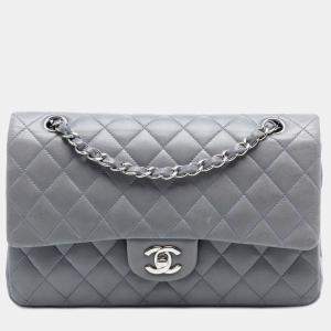 Pre Owned Chanel Medium Classic Grey Lambskin Double Flap