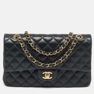 Pre Owned Chanel Classic Double Flap Medium Black Quilted Leather Bag