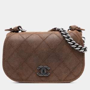 Pre Owned Chanel Brown Paris Edinburgh Mini Quilted Suede Highlander Flap