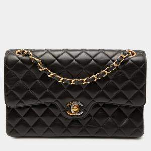 Pre Owned Chanel Black Medium Quilted Lambskin Gold and Silver Combo CC Double Flap