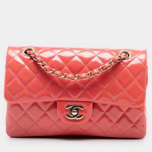 Pre Owned Chanel Pink Small Classic Patent Double Flap