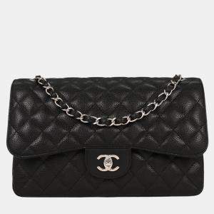 Pre Owned حقيبة شانيل كلاسيكية سوداء كبيرة مزدوجة من جلد العجل بشريط مزدوج