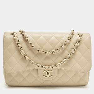 Pre Owned Chanel Classic Double Flap Jumbo Beige Quilted Caviar Leather Bag