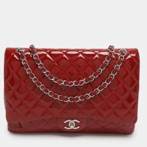 Pre Owned Chanel Classic Double Flap Maxi Red Quilted Patent Leather Bag