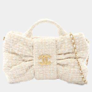 Pre Owned Chanel White Mini CC Tweed Bow Satchel