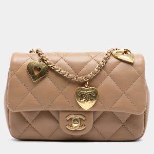 Pre Owned Chanel Brown Mini Rectangular Quilted Lambskin Heart Charms Flap