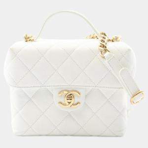 Pre Owned Chanel White Quilted Caviar Handy Box Vanity Case with Chain