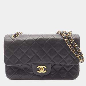 Pre Owned Chanel Matelasse Double Flap Shoulder Bag In Lambskin Leather Black