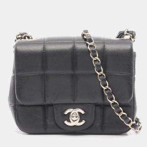 Pre Owned Chanel Chocobar Mini Flap Shoulder Bag In Lambskin Leather Black