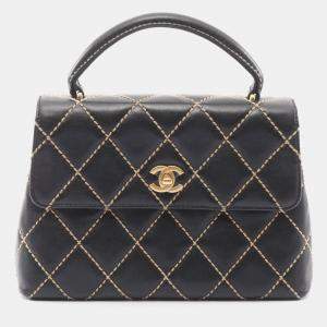 Pre Owned Chanel Wild Stitch Top Handle Handbag Leather Black