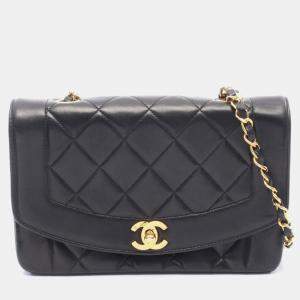 Pre Owned Chanel Matelasse Diana Flap Shoulder Bag In Lambskin Leather Black