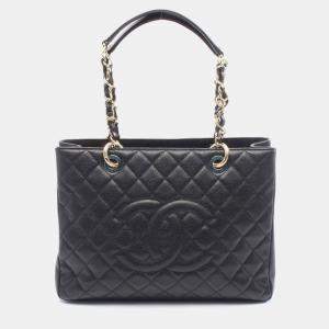 Pre Owned Chanel Matelasse Grand Shopping Gst Tote Bag In Grained Calfskin Leather Black