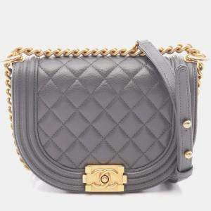 Pre Owned Chanel Boy Chanel Small Shoulder Bag In Grained Calfskin Leather Gray