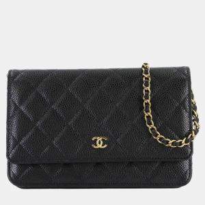 Pre Owned Chanel Matelasse Classic Chain Wallet In Black Caviar Leather