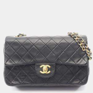 Pre Owned Chanel Matelasse Double Flap Shoulder Bag In Lambskin Leather Black