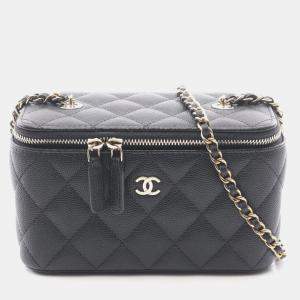 Pre Owned Chanel Matelasse Small Vanity Shoulder Bag In Grained Calfskin Leather Black