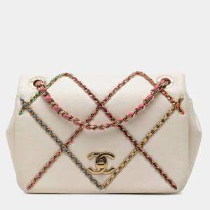 Pre Owned Chanel Coco Mark Chain Shoulder Bag In White And Multicolored Lambskin