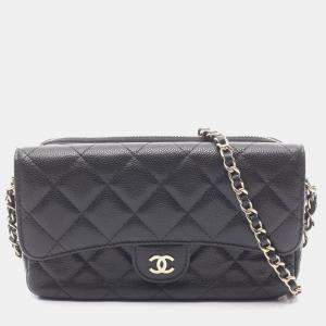 Pre Owned Chanel Matelasse Chain Phone Case Wallet Shoulder Bag In Calfskin Leather Black