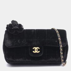 Pre Owned Chanel Chocolate Bar Camellia Shoulder Bag Fabric Black