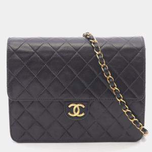 Pre Owned Chanel Matelasse Single Flap Shoulder Bag In Lambskin Leather Black