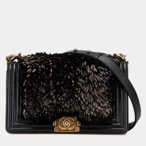 Pre Owned Chanel Coco Mark Boy 25 Crossbody Chain Shoulder Bag In Black Lambskin And Fur