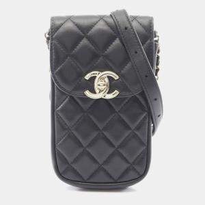Pre Owned Chanel Matelasse Phone Holder Shoulder Bag Lambskin Leather Black