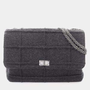 Pre Owned Chanel 2.55 Chocobar Shoulder Bag Wool Gray