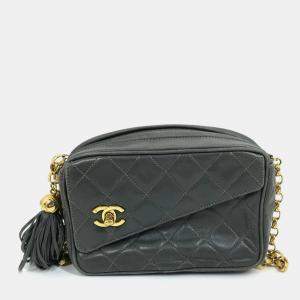 Pre Owned Chanel Cc Coco Mark Matelasse Fringe Single Chain Shoulder Bag In Lambskin Gray