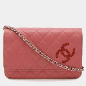 Pre Owned Chanel Simply Cc Matelasse Coco Mark Chain Wallet Shoulder Bag Pochette Leather Pink Red