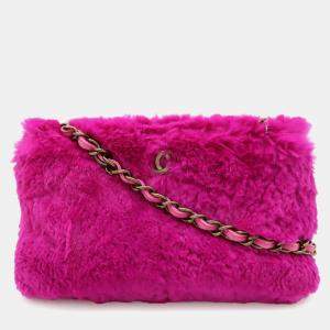 Pre Owned Chanel Lapin Rabbit Fur Coco Mark Chain Bag Shoulder Leather Purple Pink