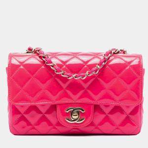 Pre Owned Chanel Pink Mini Rectangular Classic Patent Single Flap