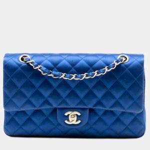 Pre Owned Chanel Blue Medium Classic Satin Double Flap