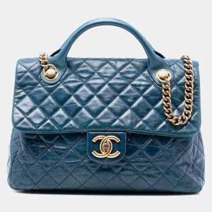 Pre Owned Chanel Blue Large Glazed Calfskin Castle Rock Top Handle Flap