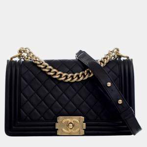 Pre Owned Chanel Black Old Medium Quilted Lambskin Boy Flap