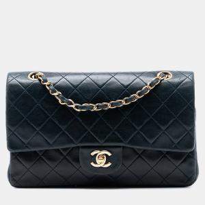 Pre Owned Chanel Blue Medium Classic Lambskin Double Flap
