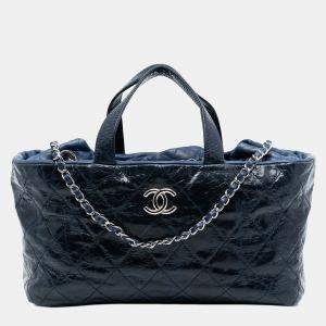 Pre Owned Chanel Blue CC Quilted Glazed Calfskin Portobello Tote