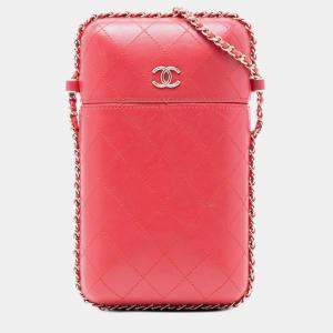 Pre Owned Chanel Red CC Quilted Lambskin Chain Around Phone Holder
