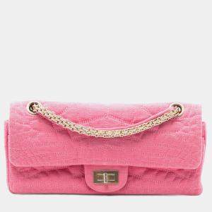 Pre Owned Chanel Pink Croc Quilted Jersey Reissue 2.55 East West Double Flap