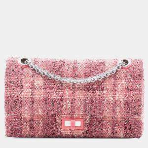 Pre Owned Chanel Pink Quilted Tweed Reissue 2.55 Double Flap 225